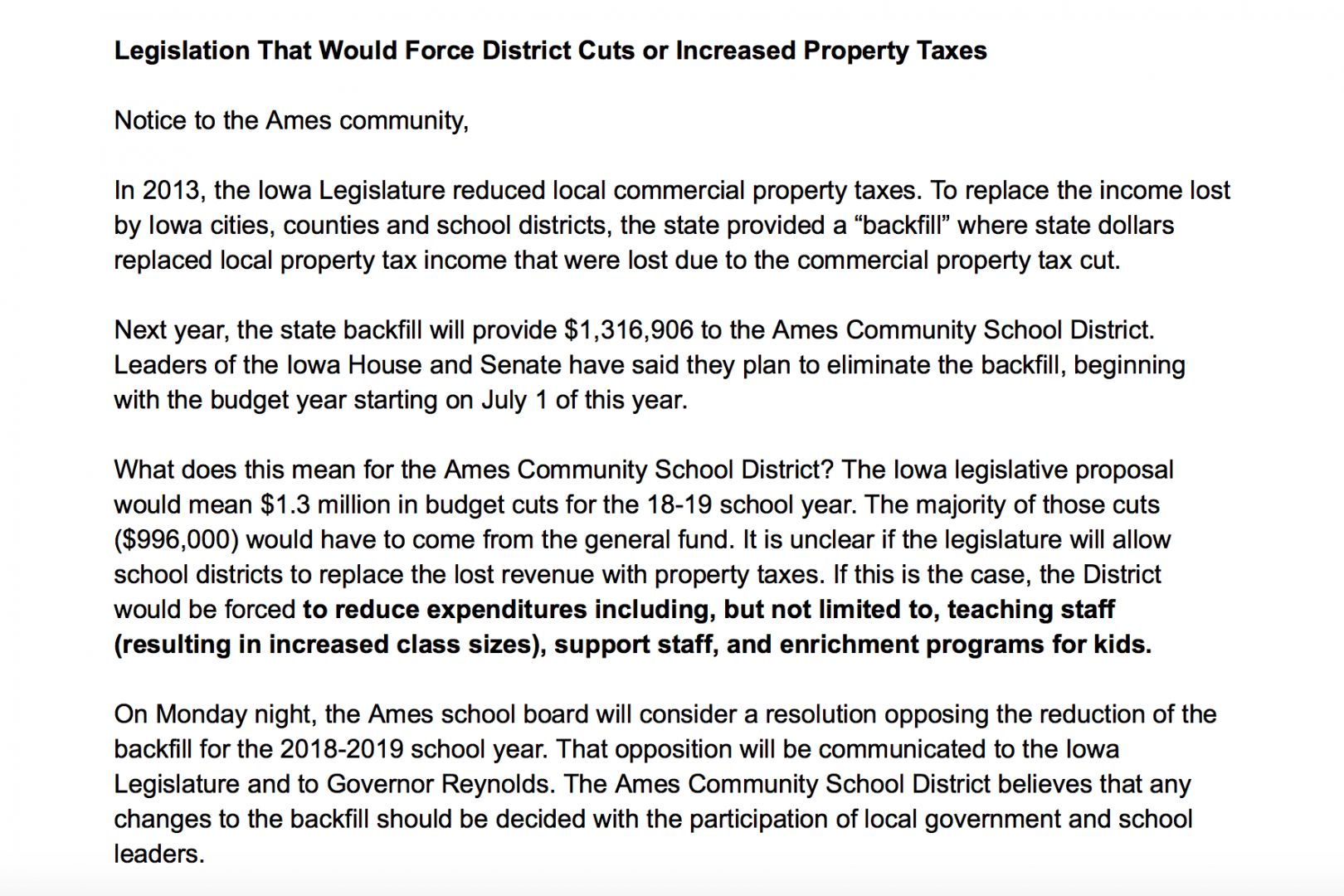 Legislation That Would Force District Cuts or Increased Property Taxes