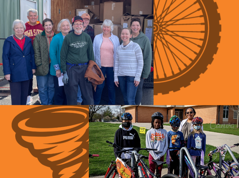 students and volunteers with donated bike helmets