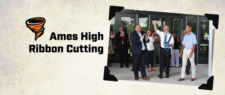 Ames staff members and community cheering after cutting the ribbon