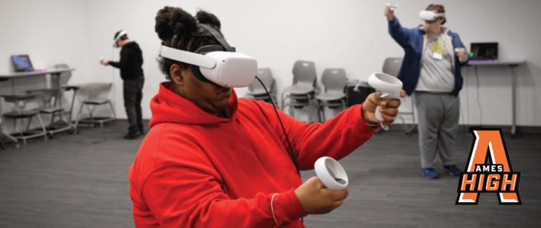 multiple Ames High Students use virtual reality to learn about careers