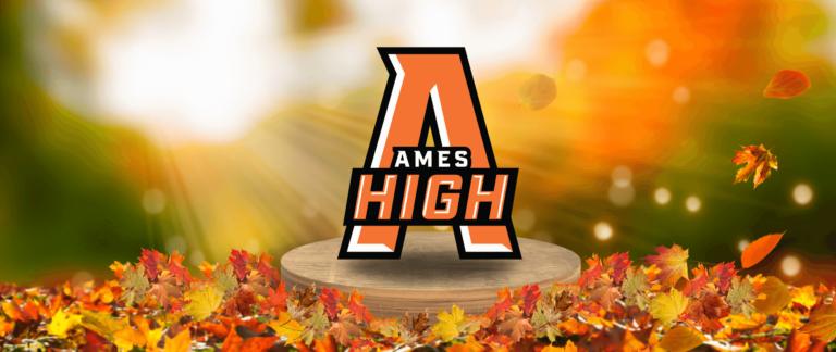 fall leaves around the Ames High logo