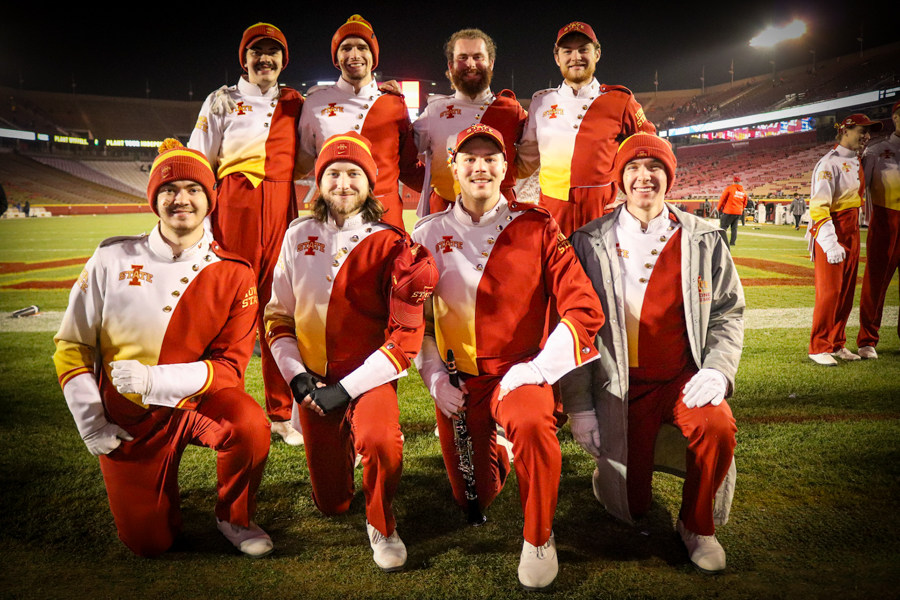 Iowa state students in marching band uniforms