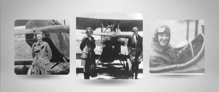 Multiple photos of Neta Snook with an airplane or preparing to fly an airplane