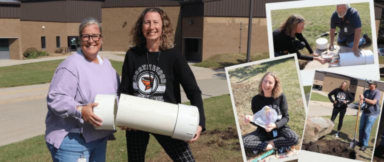 Principal Mary Morton holds a time capsule that was opened at Northwood from 1996